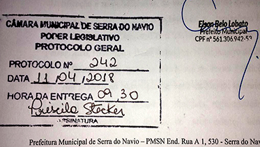 PROTOCOLO do Projeto de Lei na Câmara Municipal de Serra do Navio